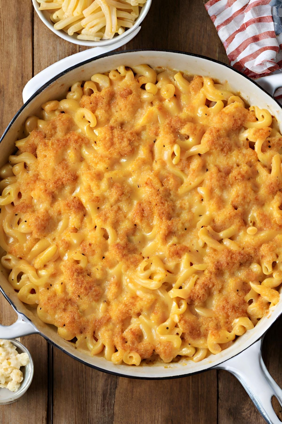 white casserole dish of baked macaroni and cheese