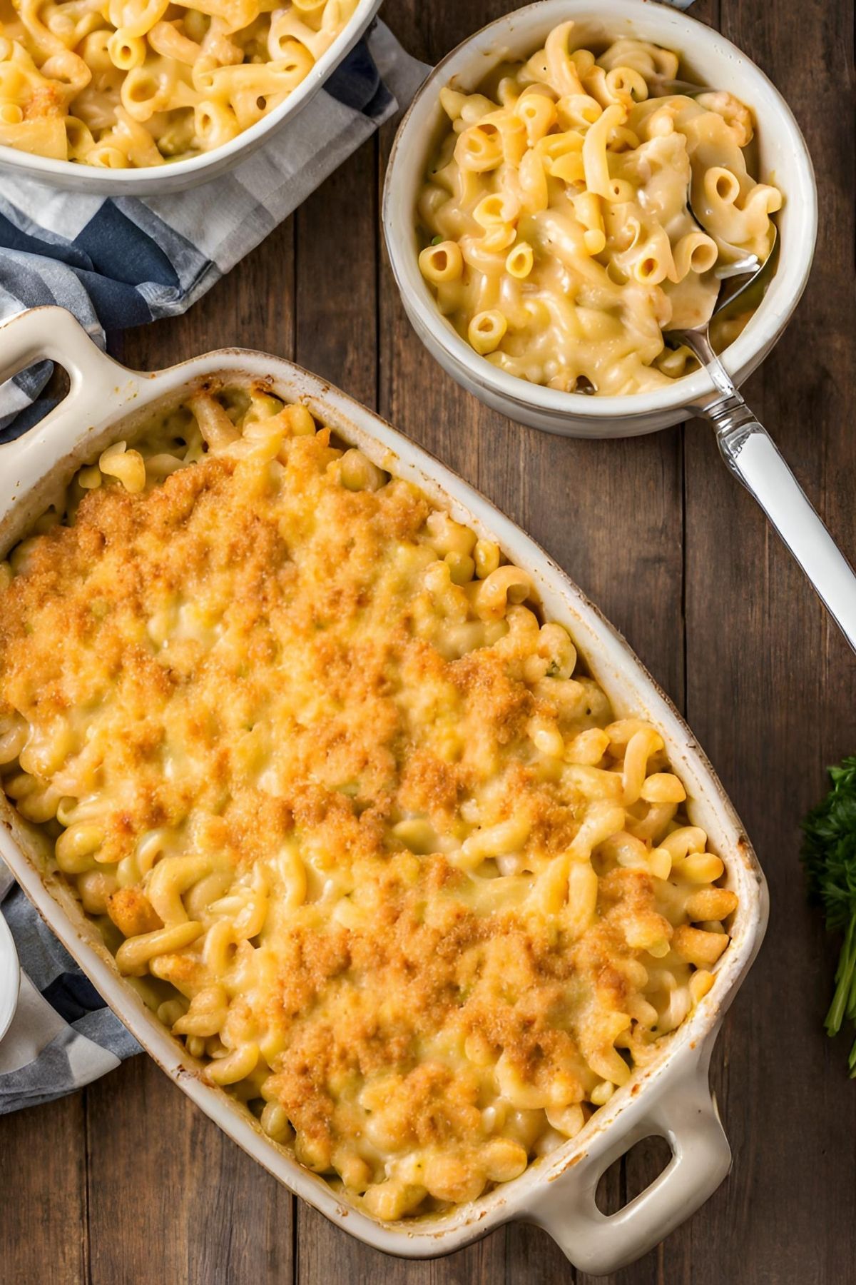 full casserole dish of macaroni and cheese with an individual serving