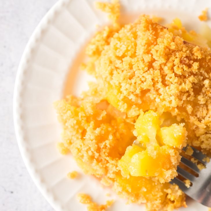 single serving pineapple casserole on plate