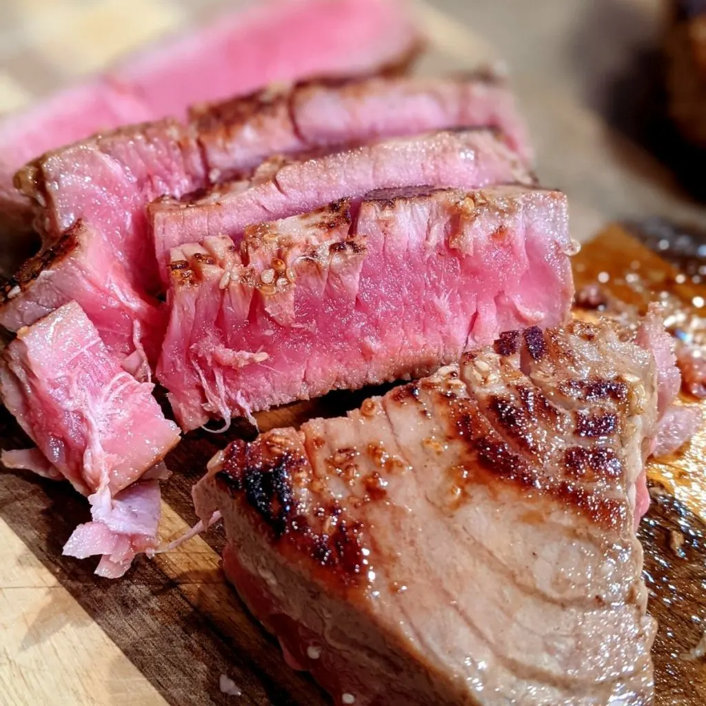 side image of seared and sliced ahi tuna on cutting board