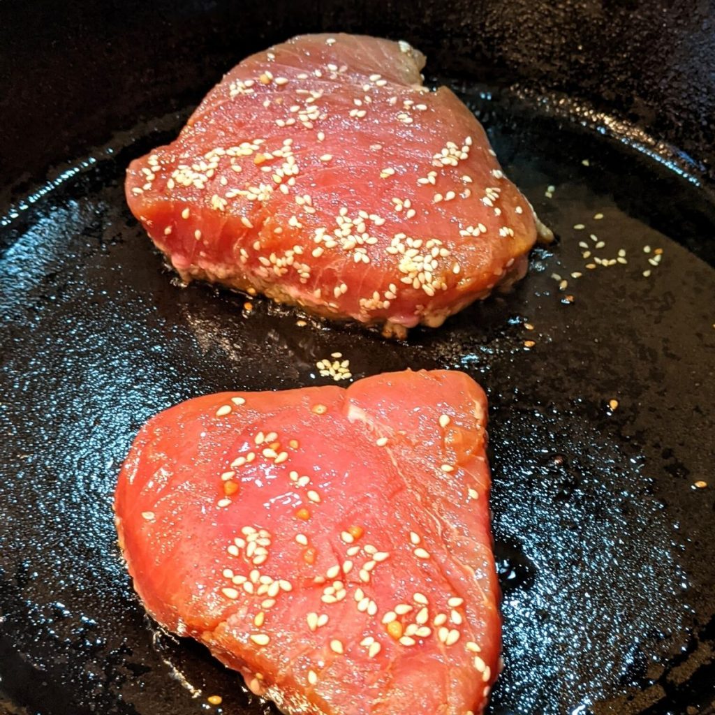 ahi tuna steak seared in cast iron