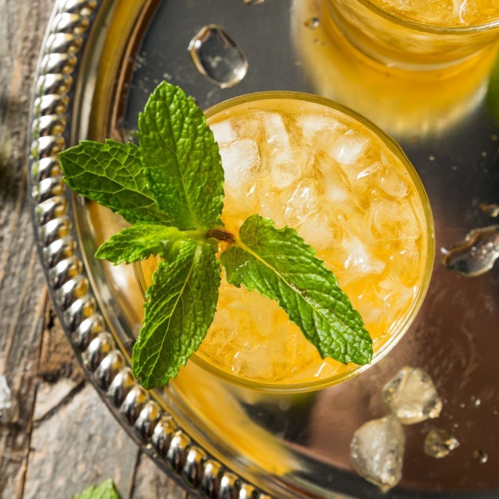 overhead shot of mint julep cocktail